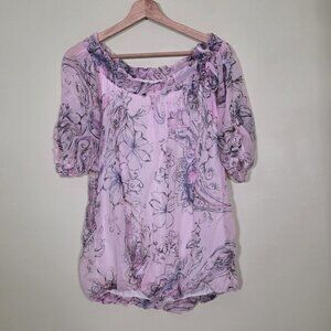 Giusy Top Womens L Watercolor Floral SS Lined Roll Up Tab Cottage Coastal Fairy